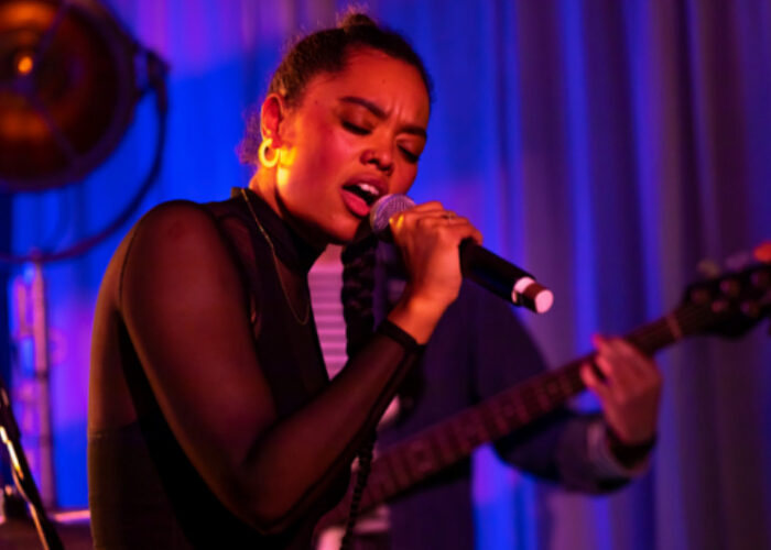 Female Singer Performing On Stage With Microphone