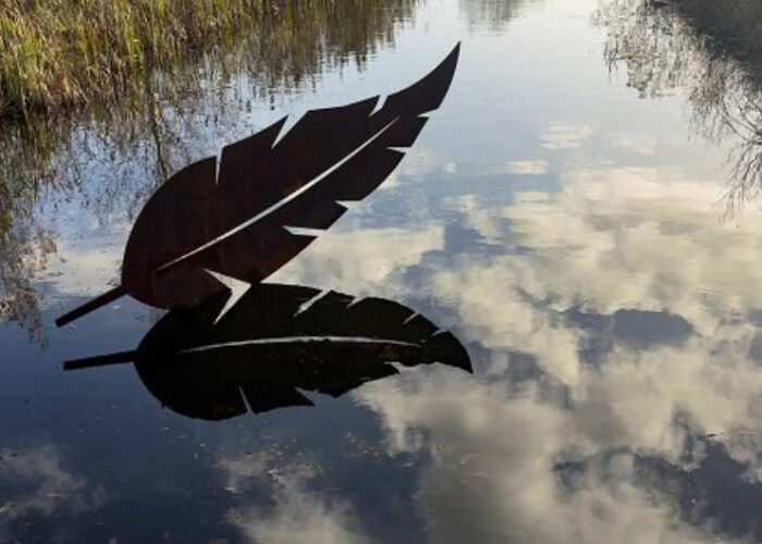 Metal Feather Sculpture Reflecting In A Still Pond