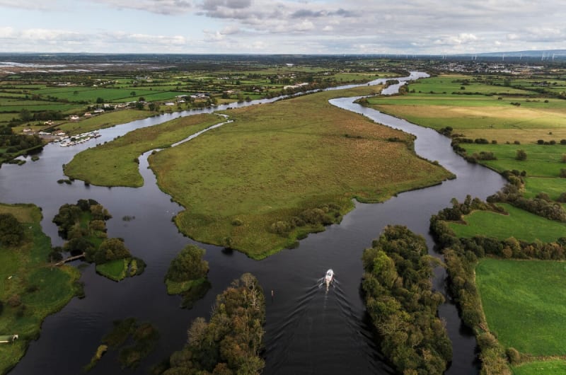 Aerial view River Shannon near Banagher with boat