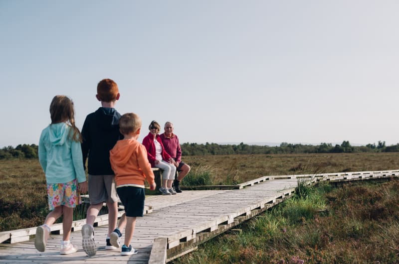 Family walking on boardwalk towards grandparents outdoors