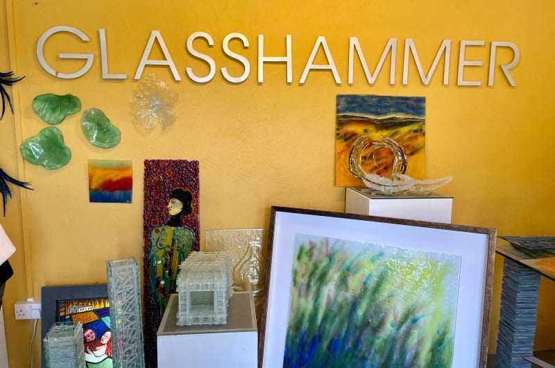 Glass art display at GLASSHAMMER gallery studio