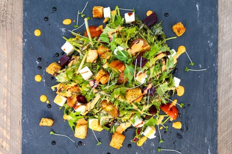 Green Salad With Feta Croutons Beets And Tomatoes