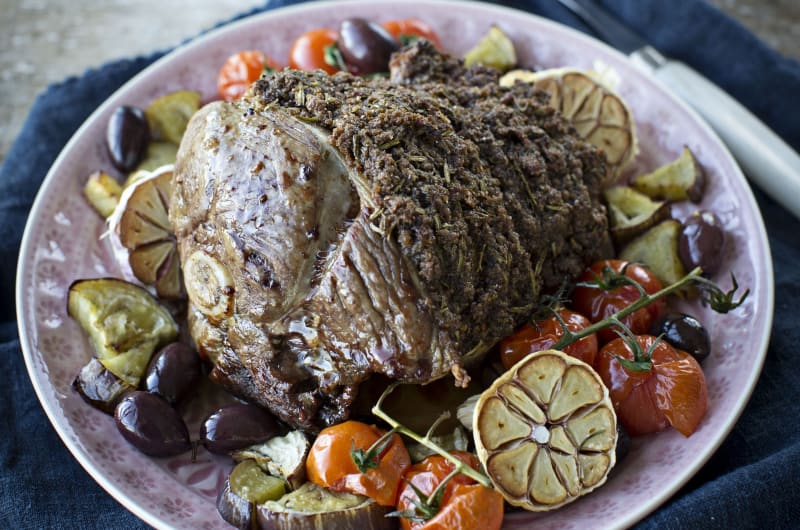 Herb crusted rib roast with roasted vegetables
