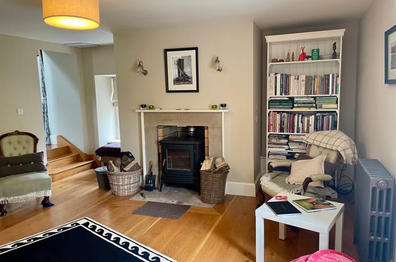 Living Room Interior With Fireplace And Bookshelf