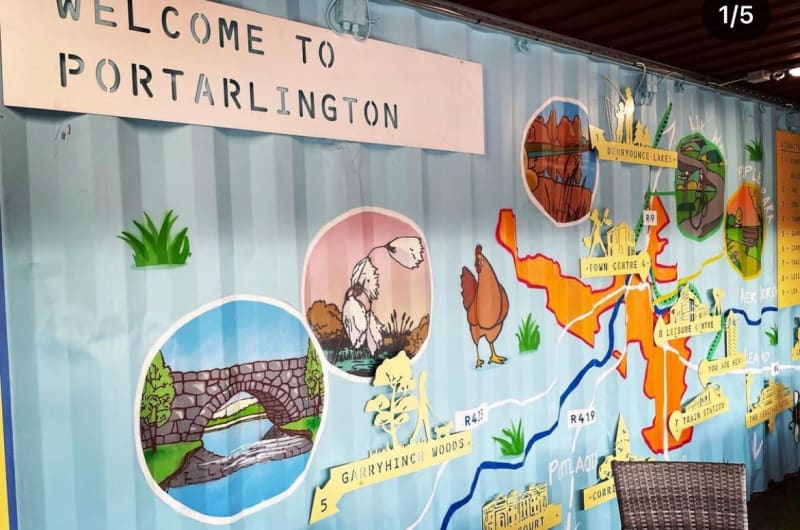 Portarlington tourist map mural on blue shipping container