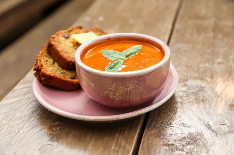 Tomato Soup With Basil And Toasted Buttered Bread