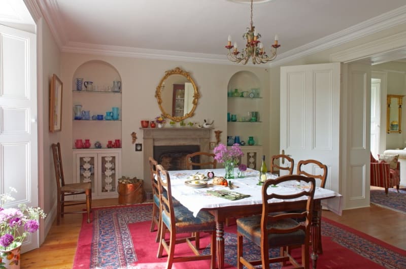 Traditional Dining Room With Table Fireplace And Rug