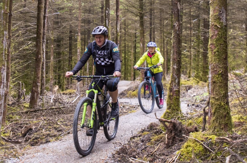 Two People Mountain Biking On A Forest Trail