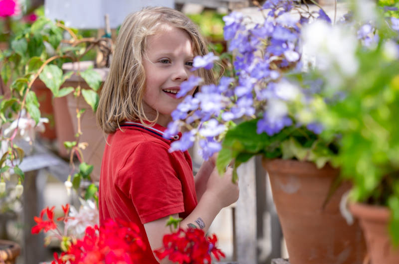 child with flower pots in greenhouse