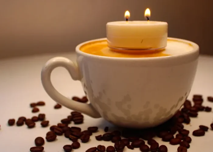 coffe cup with beans and candle