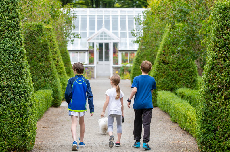 three children walking by hedges to greenhouse