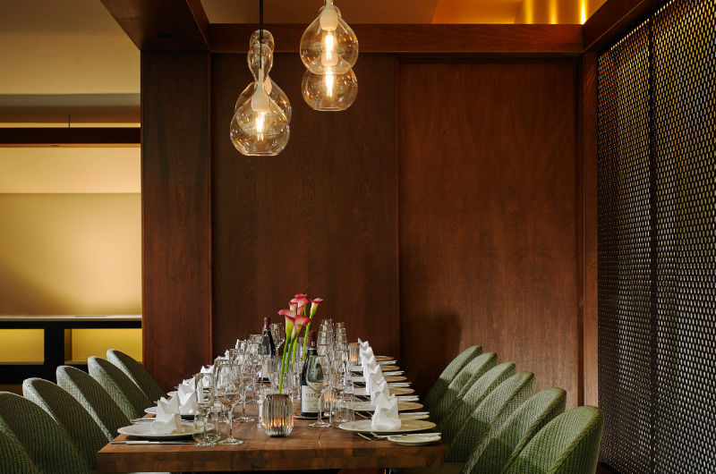 wood panel dining area