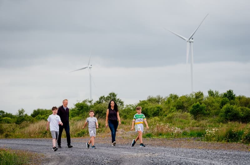 Family Walking On Path Near Large Wind Turbines cfqew0