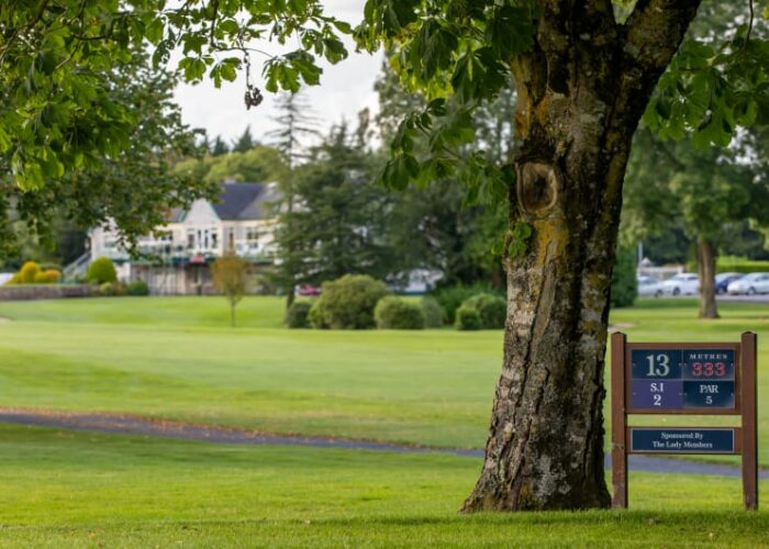 Golf course fairway with hole thirteen marker sign bscmes