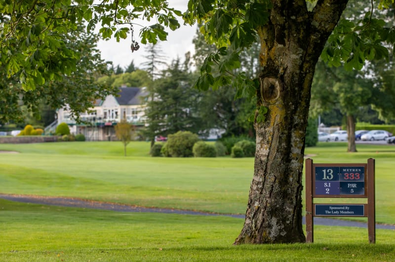 Golf course fairway with hole thirteen marker sign bscmes