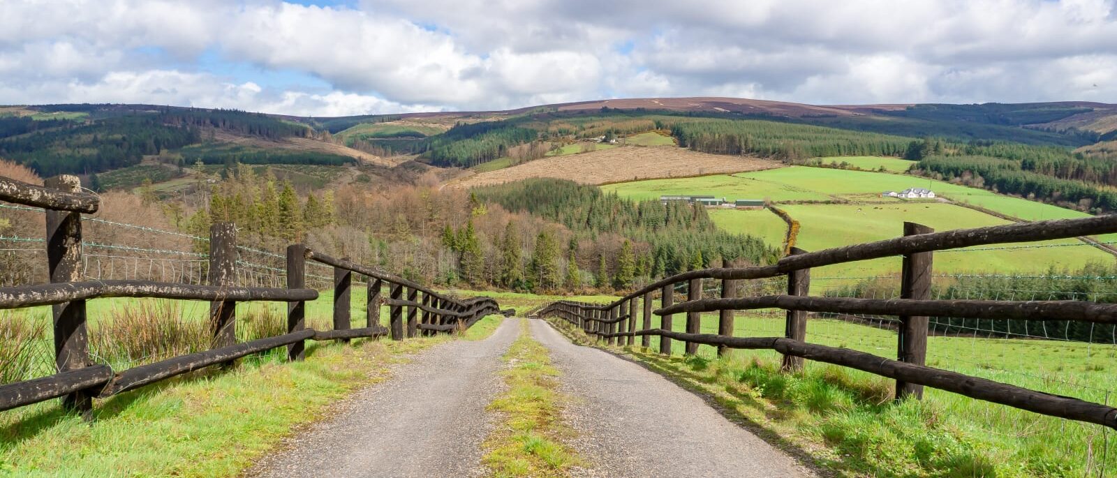 Gravel road between wooden fences through green hills nvejss
