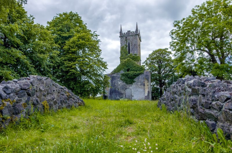 Ivy Covered Stone Tower Ruins In Green Field bi44im
