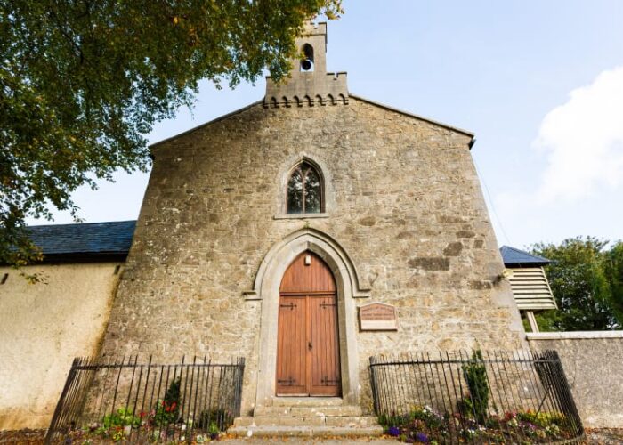 Killeigh Parish Church stone facade and wooden door ulx8m7