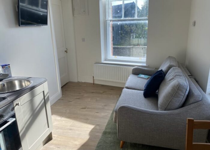Living area with grey sofa and kitchen unit zxltad