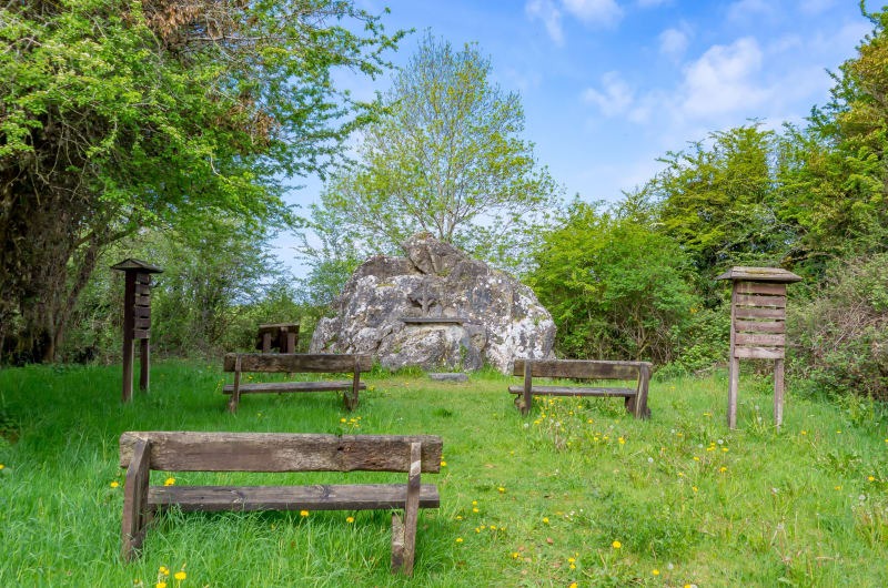 Mass rock with wooden benches in grassy field eusve5