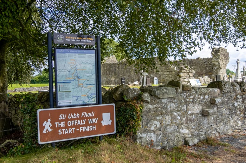 Offaly Way walking trail sign near ancient ruins g3kd90