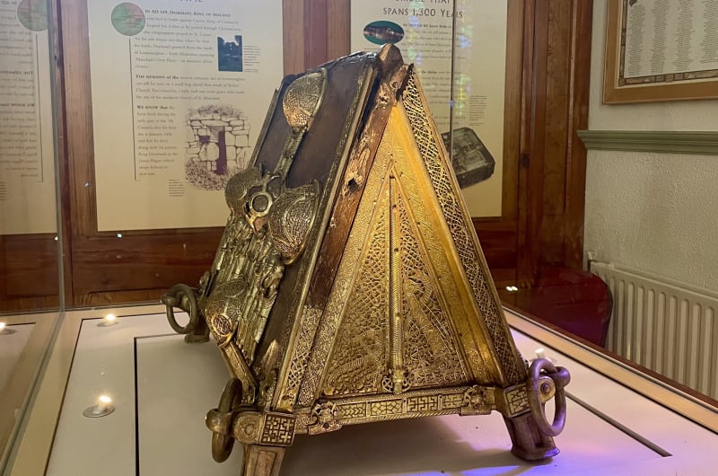 Ornate triangular gold St Manchans Shrine reliquary display wymhaj