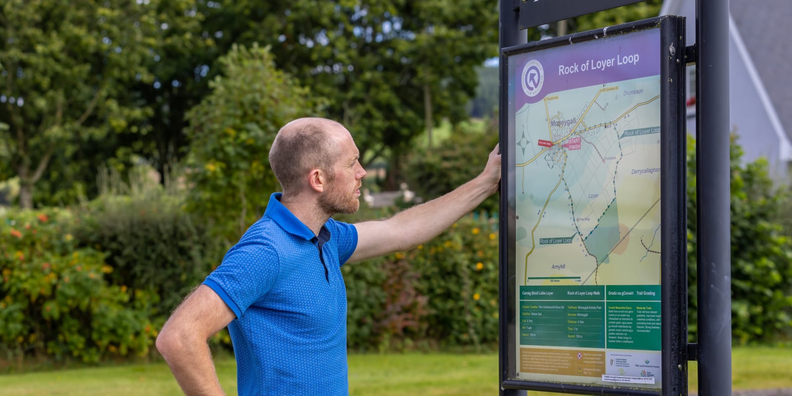 Rock of Loyer Walk Header ImageMan In Blue Shirt Viewing Trail Map Sign