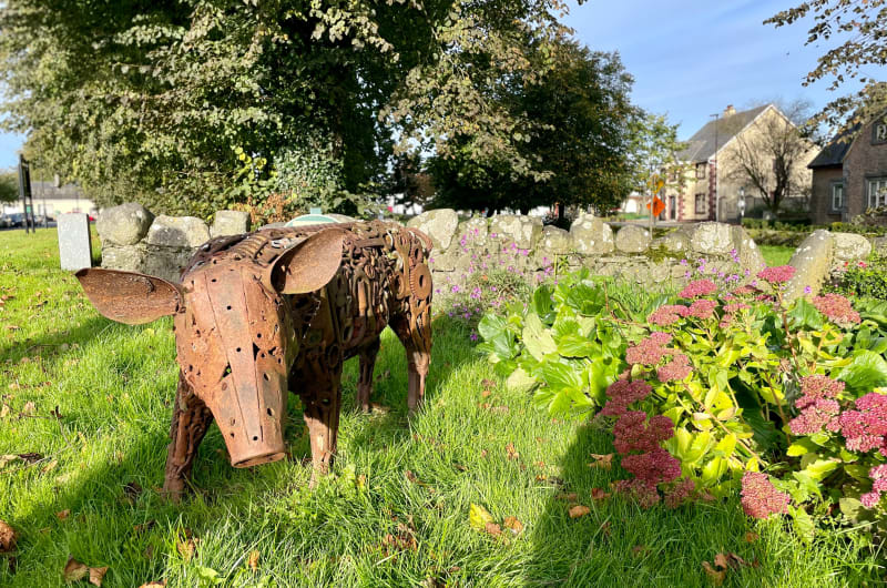 Rusty scrap metal pig sculpture standing on grass sbon3l
