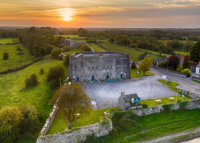 Shannonbridge Fort Header Image Aerial view of Fort Shannon Glin at sunset