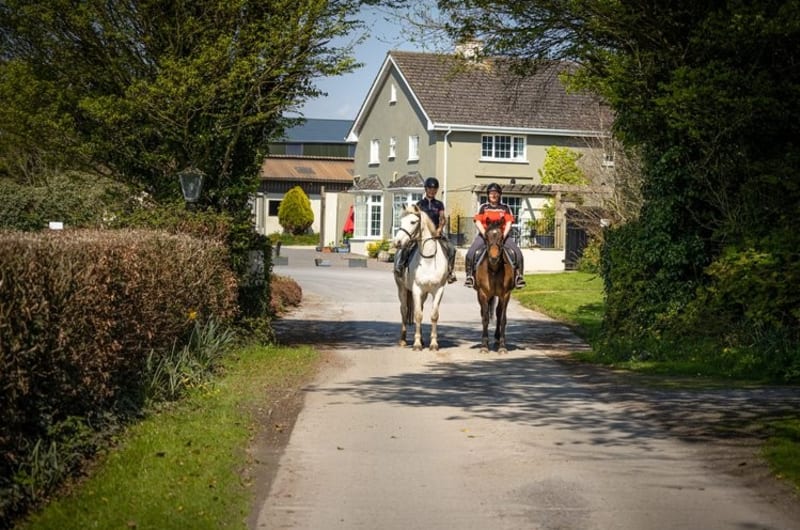 Two People Riding Horses Down A Country Lane