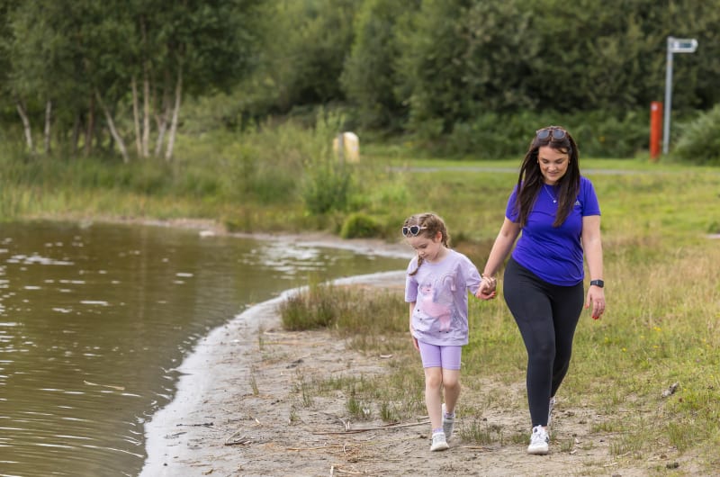 Woman And Girl Walking By Lake Shore rqmtto