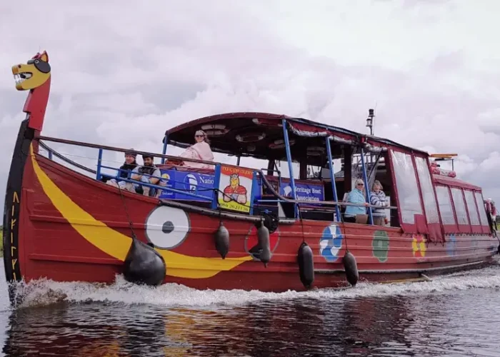 viking style boat on river
