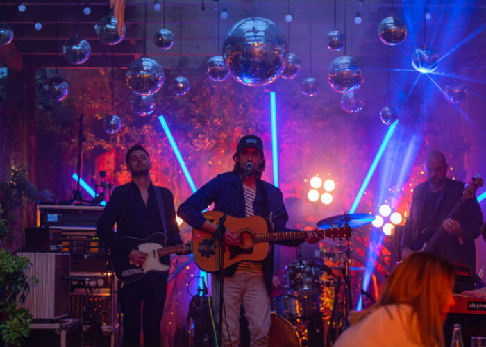 Band performing live with disco balls and lights o6vybm