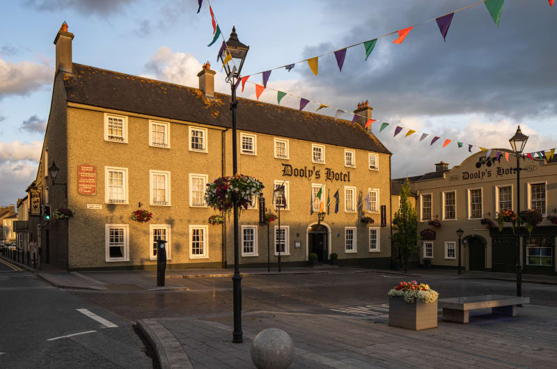 Doolys Hotel facade with festive bunting and square