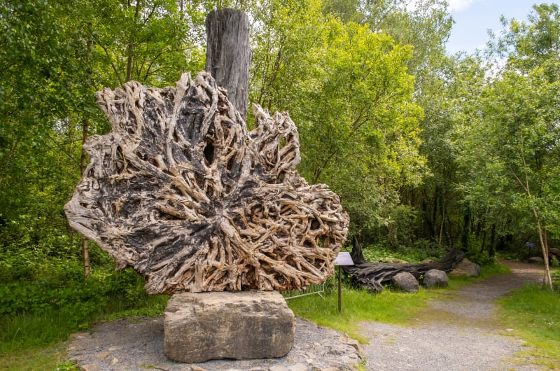 Large Wooden Sculpture On Stone Base In Forest b8xccj