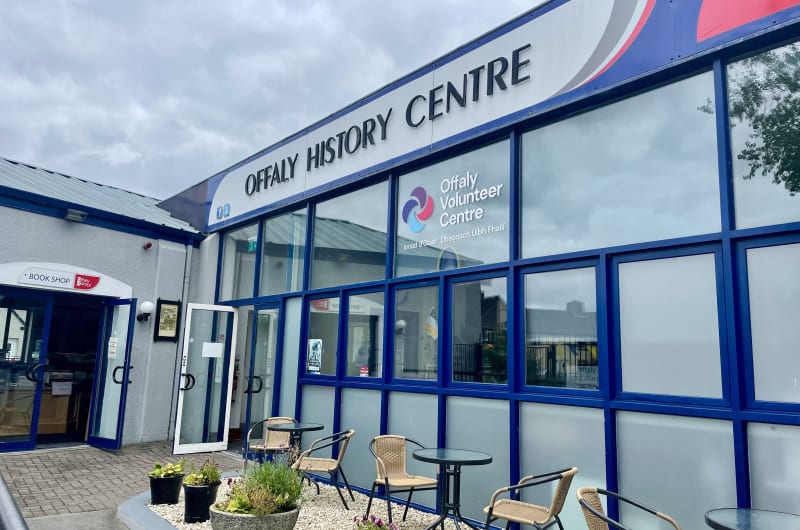Offaly History Centre exterior building with outdoor seating