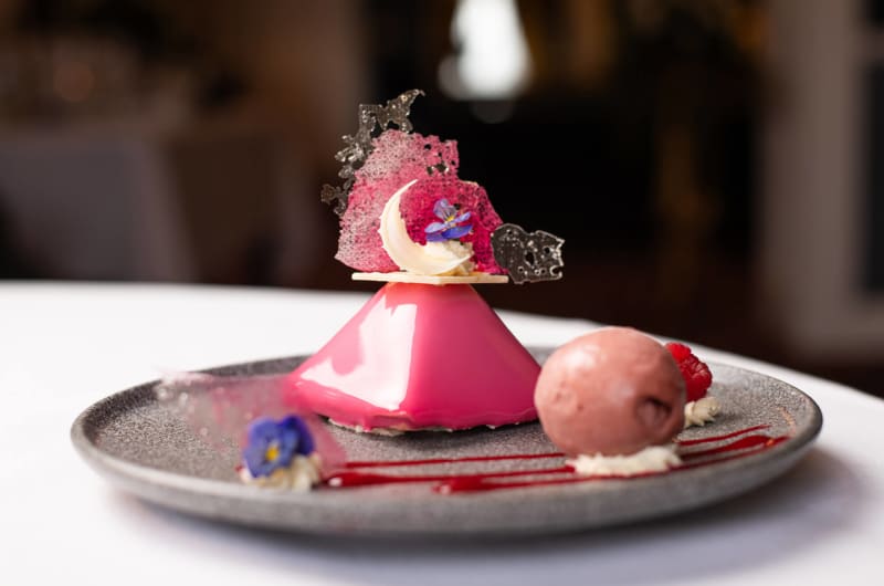 Pink Glazed Pyramid Cake With Sorbet And Flowers