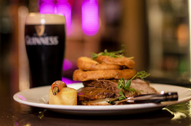 Roast beef meal with a pint of Guinness