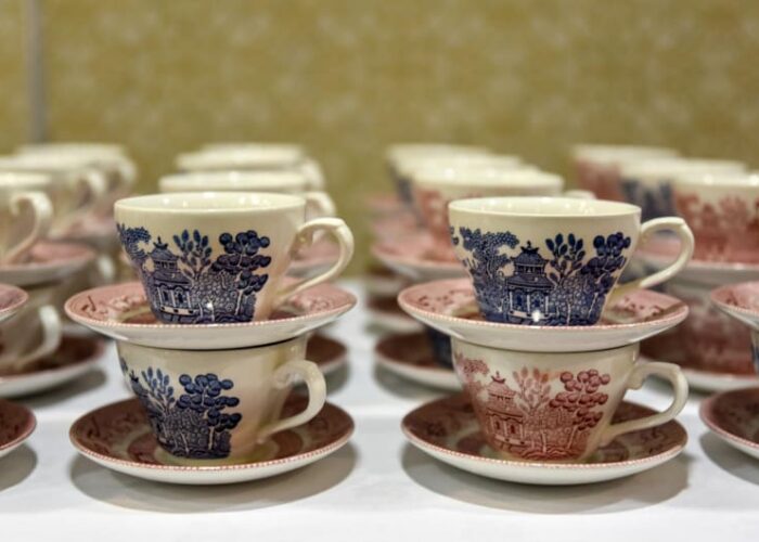 Stacked Vintage Teacups With Blue And Pink Patterns