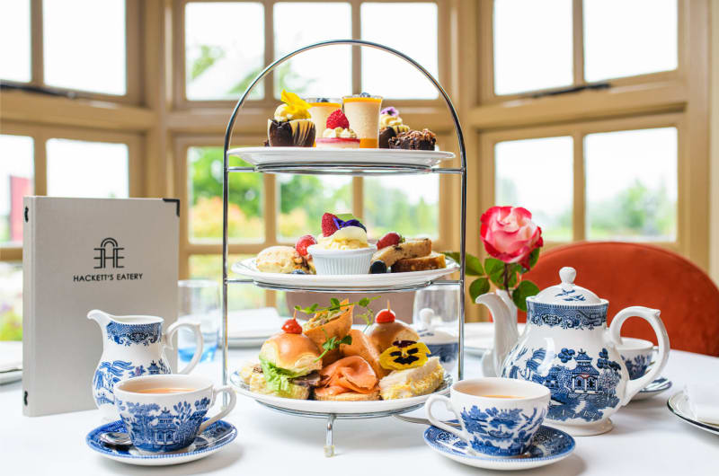 Three Tier Afternoon Tea Stand With Blue Crockery
