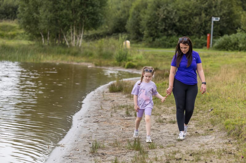 Woman And Child Walking Along A Lake j2uffk
