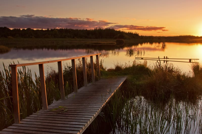 Wooden jetty over calm lake at sunset j7eevj