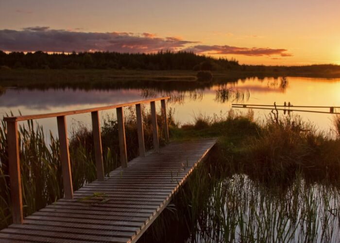 Wooden jetty over calm lake at sunset j7eevj