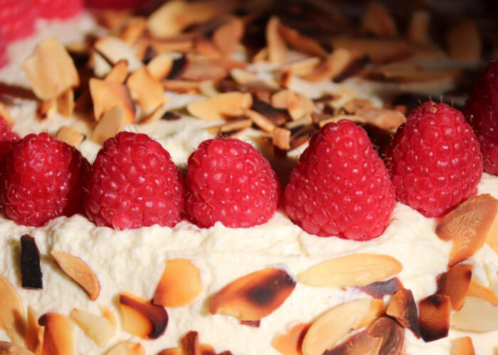 close up of strawberry and almond cake