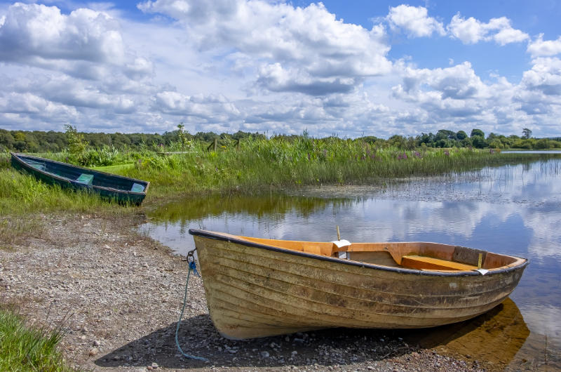 rowing boats on lake shore